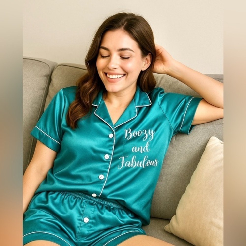 Boozy and Fabulous Teal Satin Pajama Shorts Set Medium